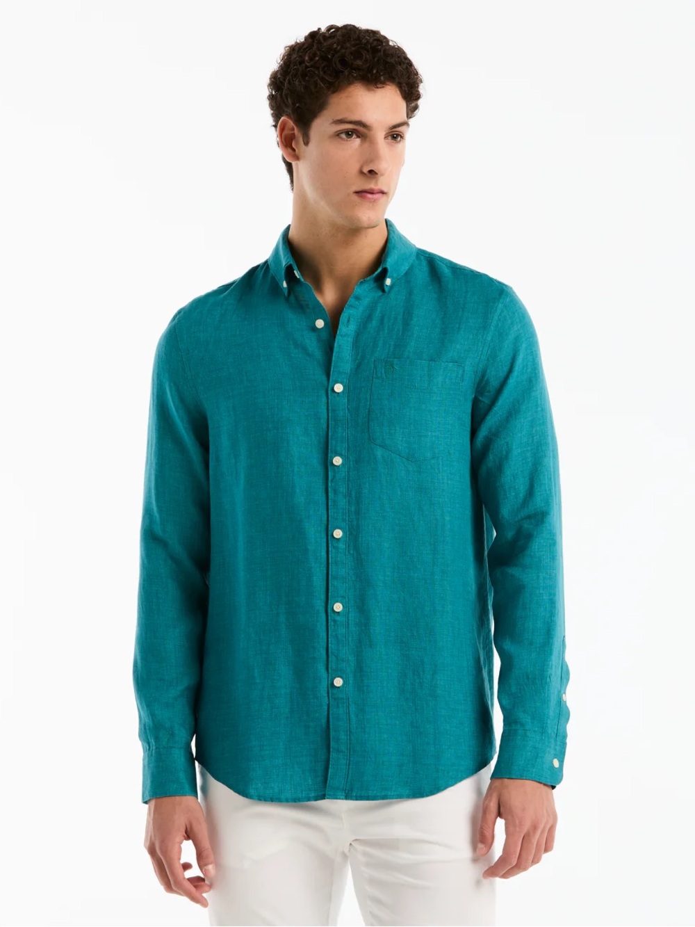 NEW Simon’s Men's Teal Button-Down 100% Linen Shirt - size large